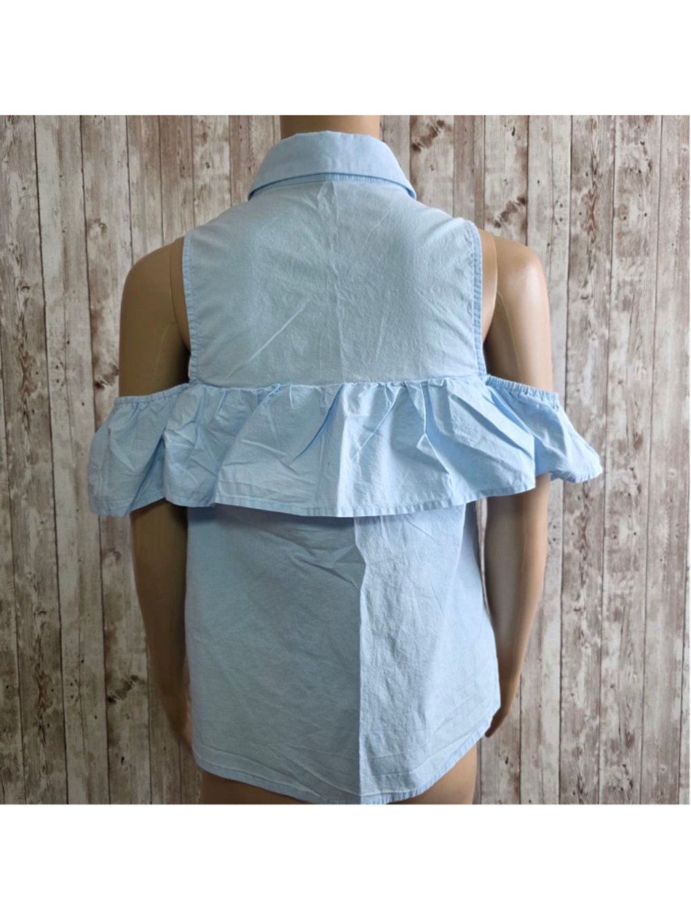 Women's Light Blue Cold Shoulder Ruffle Button Down Shirt S - Picture 7 of 9